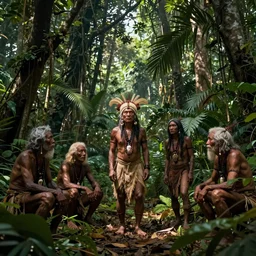 ancestors protecting a shaman in the jungle, old faces in the jungle, art by christophe vacher
