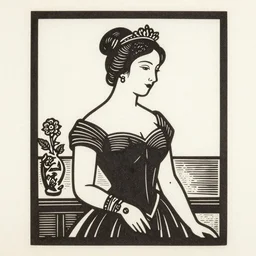 a woodcut of an elegant lady