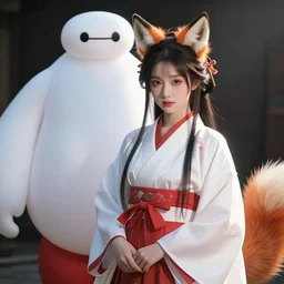a Baymax and a fox-eared girl dressed in traditional Japanese white and red