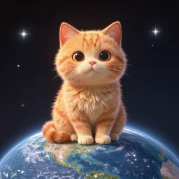 A fuzzy orange cat sitting on planet earth, digital painting, in the style of Pixar