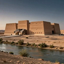 photo of a museum in a dessert next to river, the museum is made out of rammed earth with huge rock in the front, the museum is huge and has rectangular perforations holes, the sky has stars and air with dusk, the view is street view, 8 0 k, octane,