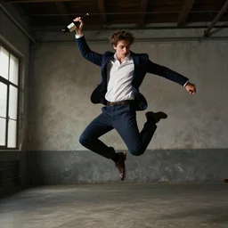an elgant detailed portrait of a male model boisterously dancing around the room by himself holding an empty wine bottle as he jumps in the air in a (warehouse), striking artistic concept, perfect composition, detailed facial expression, fine detail, dramatic lighting, award-winning photo UHD, 4K