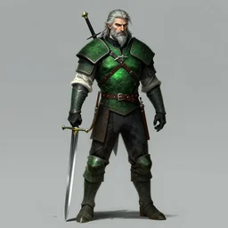 Witcher 3 concept art of a witcher with a big beard and a Scottish claymore sword in green witcher armour