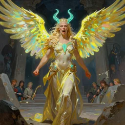An oil painting of the beautiful blonde Valkyrie viking goddess of war, very aesthetic, detailed face, neon-yellow-holographic wings, by Frank Frazetta, Greg Rutkowski, Boris Vallejo, Neal Hanson, Christian MacNevin, epic fantasy character art, goddess of anger, teal-neon viking runes, high fantasy, full length, exquisite detail, post-processing, low angle, masterpiece, cinematic, odin's stone arena background
