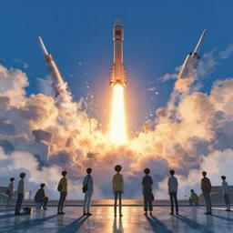 incredible, mindblowing, rockets taking off into the clouds long exposure and humans watching, in marble incrusted of legends official fanart behance hd by jesper ejsing, by rhads, makoto shinkai and lois van baarle, ilya kuvshinov, rossdraws global illumination