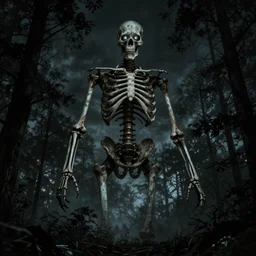 A giant skeleton with glowing eyes towering above the treeline, night, ominous, creepy