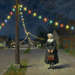 painting by dean cornwell, ilya repin, nc wyeth painting, ultra wide, vanishing point, 3 d perspective, old lady who lived in a shoe, colorful lightbulb festoon lights, telephone pole