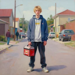 still from music video of hunter schafer from die antwoord standing in a township street, wearing a hoodie and lunchbox in hand, street clothes, full figure portrait painting by martine johanna, ilya kuvshinov, rossdraws, pastel color palette, 2 4 mm lens