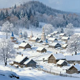 Beautiful detailed high quality illustration of an old russian village, beautiful forest on background::winter::art by Ghibli Studio, League of Legends, Arcane, Wild Rift, trending on artstation