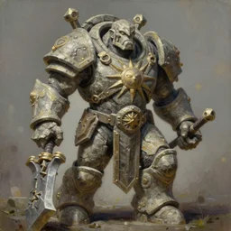 tall bulky warforged made from stone with a sun symbol engraved on the center of the chest, that looks like karn from magic the gathering, full body portrait, humanoid, protective stance holding a weapon, dungeons and dragons, fantasy, full body portrait, detailed, oil painting,