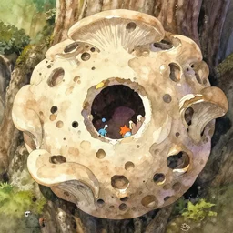 professional coherent still frame cinematic close - up shot from appealing naturalistic fungus palace in action, representational earth tones, stunning clarity experimental cut paper mixed media blotchy character shape design by masaaki yuasa, pleasing palette watercolor masterpiece