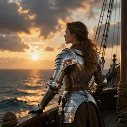 portrait of a ship on the sea with a medieval woman ship pilot from behind, dramatic golden sunset with storm clouds, wearing shiny breastplate, dynamic lighting, hyperrealistic, dreamlike, artstation