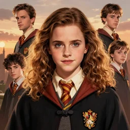 Poster artwork, Emma Watson as Hermione Granger, wearing hogwarts robes, magnificent, medium close up, details, sharp focus, elegant, highly detailed, illustration, by Jordan Grimmer and greg rutkowski and PiNe(パイネ) and 薯子Imoko and 香川悠作 and wlop!!!! and maya takamura, intricate, beautiful, sunset!!!, Trending artstation, pixiv, digital Art