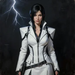 painting of Miranda Lawson from the mass effect game series, dark background, cinematic lightning, hyper realism, centered, white and black clothing, black hair, exquisite detail, 4k - n 9