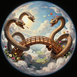 An epic fantastic realism comic book style painting of a hand carved wooden sculpture of entwined serpents building a bridge to a heaven made of flowers, fisheye lens, unreal 5, DAZ, hyperrealistic, octane render, dynamic lighting