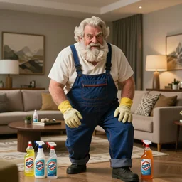 a big old fancy man named the rock he is here to help clean your post modern living room a bunch of clorox bleach in his overalls photo realistic cinematic lighting