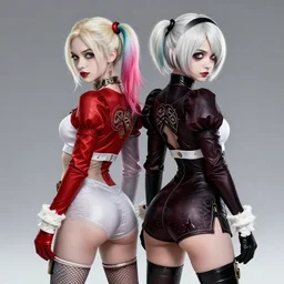 portrait of 2B nier automata as harley quinn wearing skintight clothes from behind, trending on artstation, artstationHD, artstationHQ