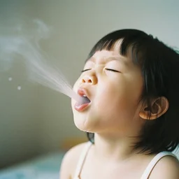 analog photographic portrait with 5 0 mm lens and f / 1 2. 0 of a 1 years old woman woman with her eyes closed and spurting from her mouth a white viscous fluid floating in the air. with a slight variation of light in the liquid and gesture.