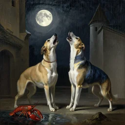 a painting by johannes vermeer of two whippets howling at the moon while standing in between two towers. rain falls from the moon. in the foreground a crayfish emerges from water.