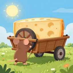 professional illustration of a mouse in a meadow pulling a wooden two wheels cart loaded with a huge wheel of holed cheese, in the background is a blue sky with a bright sun, digital art