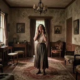 there was a strange wailing sound coming from the next room, woman in the strange room, highly detailed, still shot from movie, wide shot