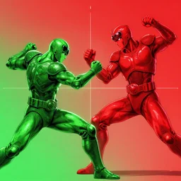 green warrior fighting red, high intricate details, rule of thirds, golden ratio, cinematic light, anime style, graphic novel by fiona staples and dustin nguyen, by beaststars and orange, peter elson, alan bean, studio ghibli, makoto shinkai
