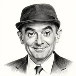 highly detailed pencil sketch caricature portrait of silly mr bean gangster by ross tran, by greg rutkowski, brush strokes, 4 k resolution, light blue pastel background