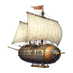 a steampunk airship with sails, drawn by Jon Scieszka