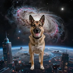 dog nebula above a cyberpunk planet
