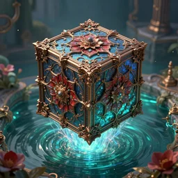 symmetry!! a medieval epic manufactured mystical aqua green canal blue bronze red of cube levitate, floral!, elegant, highly detailed, magic surge, intricate, unreal engine 5, concept art ， by greg rutkowski, loish, highly rendered, digital painting, artstation hq