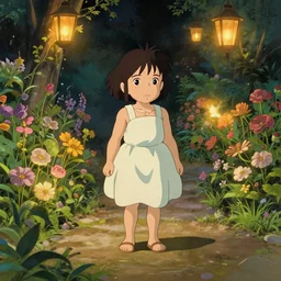well - lit art nouveau portrait of a 1 3 - year old girl wearing a sundress in a flower garden with lanterns at night, natural lighting, path traced, highly detailed, high quality, cartoon, digital painting, by don bluth and ross tran and studio ghibli