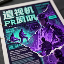 hyper detailed 2090s neo-surreal neon purple and teal propaganda torn poster of space workers sharp cinematic lighting 8k wide angle shallow depth of field