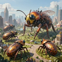 an intricate concept art, illustration, fantasy mechanical large insect biomes in a city, megafauna, ultra photorealistic, pinterest, artstation, cgsociety, global illumination, pinterest, digital art, hyper detail, vibrant colors, style by feng zhu and tyler edlin, hyperrealistic octane render, 8 k