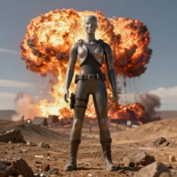 a smiling mannequin standing in a hill, nuclear explosion in the background, 3 d render, octane, ray tracing, ultra detailed, photorealistic, ultra high resolution, 8 k,