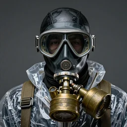 classy sophisticated very up close portrait of a mysterious retro diving mask black humanoid ， wearing transparent plastic jacket, four telescope brass ， antigas mask ， wwii style ， golden ratio ， hyperrealistic ultradetailed ， ultra detailed wire decoration ， fantasy art ， chinese style ， by nixeu and guweiz and ilya ku