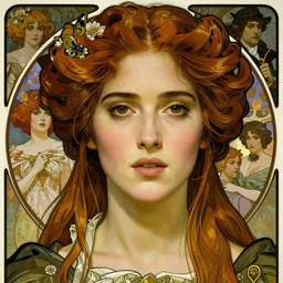 realistic detailed face portrait of Jennifer Connelly as a beautiful young medieval queen by Alphonse Mucha, Ayami Kojima, Amano, Charlie Bowater, Karol Bak, Greg Hildebrandt, Jean Delville, and Mark Brooks, Art Nouveau, Gothic Revival, Pre-Raphaelite, Jugendstil, Neo-Gothic, gothic, rich deep moody colors, Art Nouveau