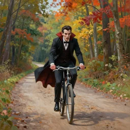 a painting of a vampire riding a bike down a dirt road surrounded by colorful trees, a detailed matte painting by julian onderdonk, cgsociety, photorealism, reimagined by industrial light and magic, unreal engine 5, unreal engine, acid pixie