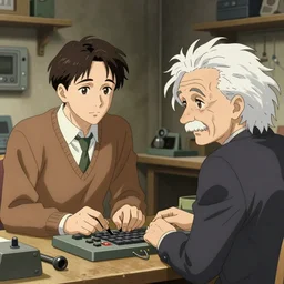 inside the workshop with alan turing cracking the enigma with the help of albert einstein, anime!!!, manga style,