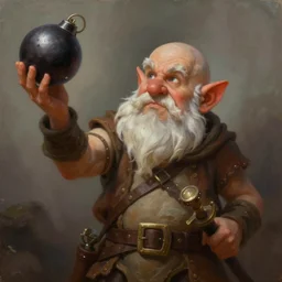 a beautiful portrait painting of a bald dnd gnome throwing bomb, artstation fantasy gnome, deviantart fantasy gnome, art by keith parkinson and greg rutkowski and tim hildebrandt