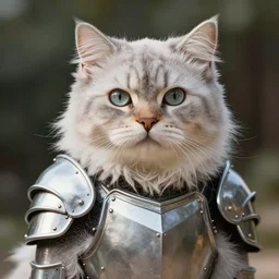 Cat realistic 4k athmospheric ultra HD very fluffy with plate armor