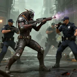 a still of yautja in in the half - life game fighting against metrocops, hd shot, concept art, artstation