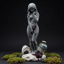 sculpture of a tall emo girl and berries, made from obsidian and and pumice and japanese glazed pottery, sensual, berry juice dripping, black background, moss, zen,
