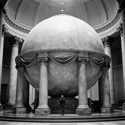 movie still of a big marble spherical hall with drapery and columns, cinestill 8 0 0 t black and white, by andrei tarkovsky, heavy grain, high quality, high detail, ultra wide lens, cinematic composition, high resolution, flares, anamorphic