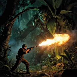 a soldier aiming and firing a flamethrower at a huge plant monster, high contrast cinematic light, mystical shadows, sharp focus, octane render, artists philippe caza with richard corben and mœbius