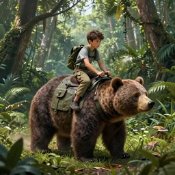 an intricate concept illustration of a boy riding on a military bear in the jungle, artstation, fantasy, hyper realistic, concept art, art by dylan cole, cinematic lighting, fantasy color palette