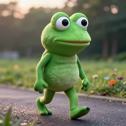 pepe the frog walking by in summer dawn, in style by matt furie, positive atmosphere, cool vibes, bao phan, deep depth field, masterpiece, cinematic composition, hyper - detailed, hd, hdr