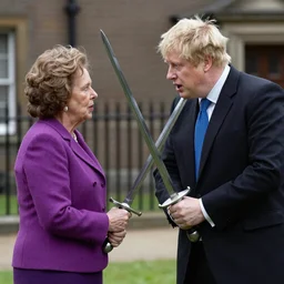 Boris Johnson fighting Margaret thatcher with swords, unreal engine
