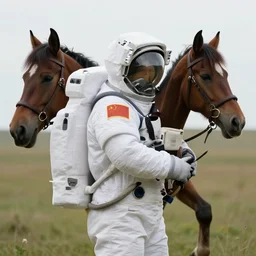extremely realistic photo of an astronaut carrying a horse on his back