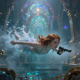 Emma Stone with pistol swimming in chromatic distortions in misty mysterious astral temple, beautiful, dmt, trending on artstation, omnious, soft, artwork by Tran, Ross
