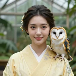 portrait photograph of an extremely beautiful!!!! young female , symmetric face!, symmetric round detailed eyes!!, slight smile, natural light, wearing a yellow kimono!! with a very detailed barn owl! on her shoulder in a tropical greenhouse. looking at the camera!!. super resolution. Extremely detailed. Graflex camera!, bokeh!!!!!. art by alphonse mucha